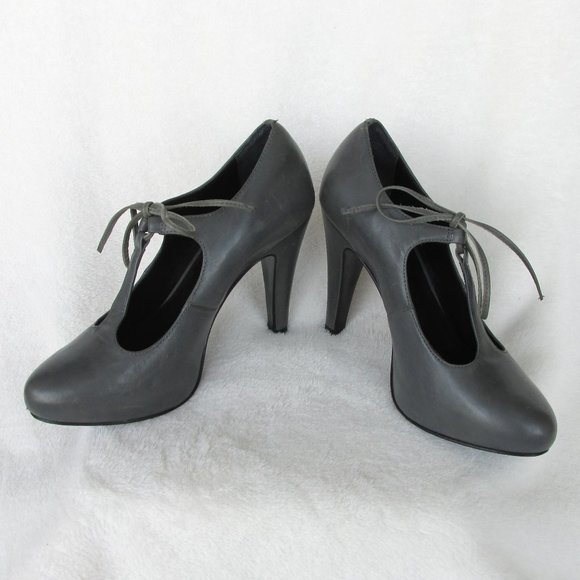 Comptoir des Cotonniers Grey Leather Mary Jane Lace-Up Heels Size 37 - Picture 2 of 12